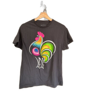 Folklor Graphic T-Shirt Black with Colorful Rooster Image. Cotton Medium